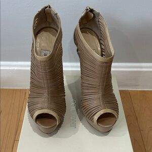 Jimmy Choo Tan Strappy Peep-Toe Heels